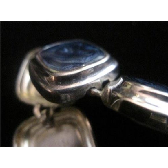 Modernist Sterling Silver & Marbled Deep Blue Enamel Signed Square Link Bracelet - Picture 7 of 10